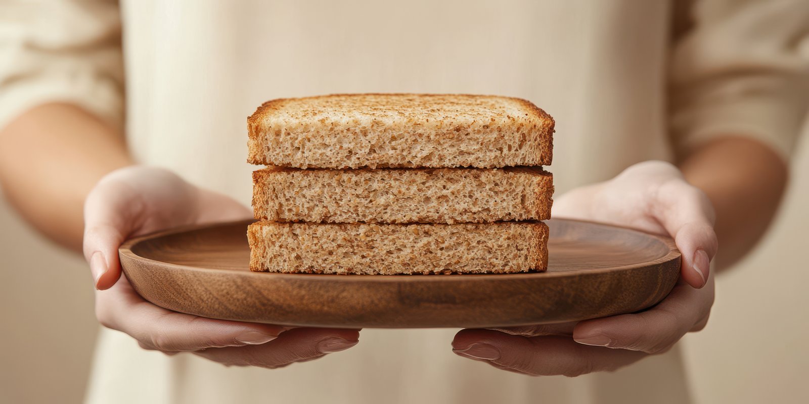 Freshly baked bread served on a wooden plate held by a person in a cozy kitchen setting